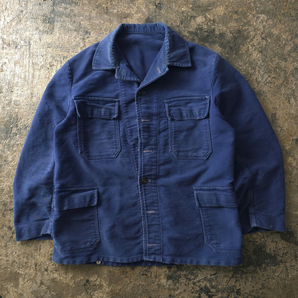 Vintage 1950s Blue Moleskin French Chore Jacket Workwear Coat